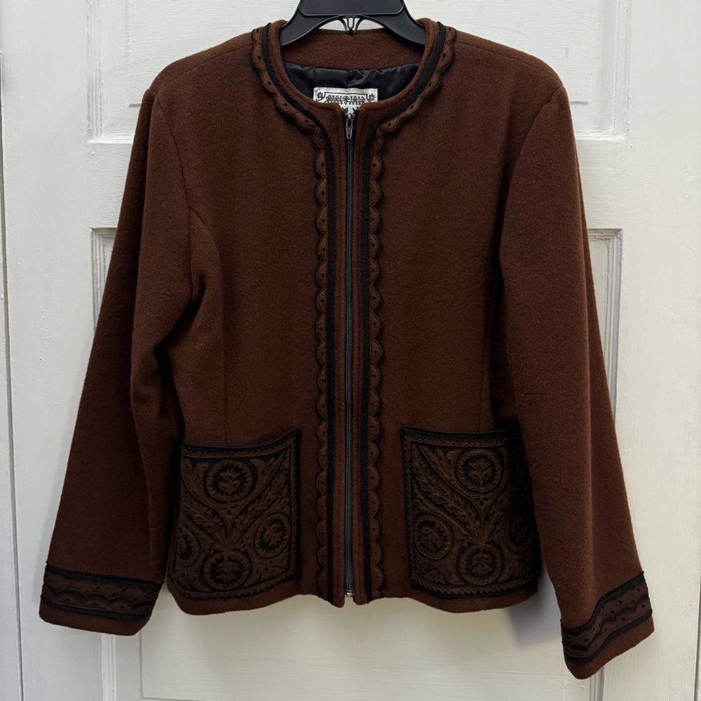 Boiled Wool Folk Jacket LANYA Women’s Small Brown Embroidered Lined - Picture 1 of 9